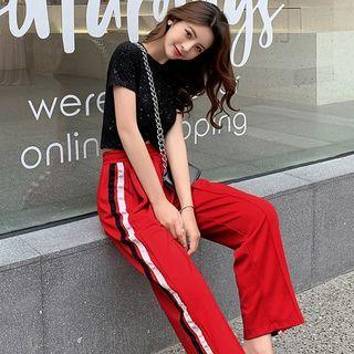 Set: Short-sleeve Glitter Knit Top + Contrast Trim Straight-cut Pants