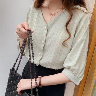 V-neck 3/4-sleeve Plain Shirt