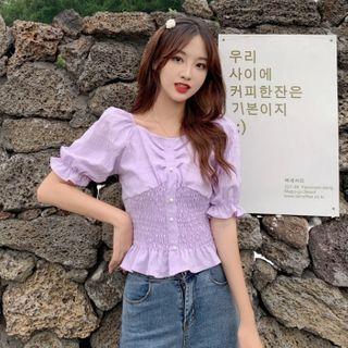 Smocked Puff-sleeve Gathered-waist Blouse