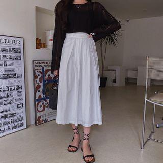 Tie-side Pleated Long Flare Skirt