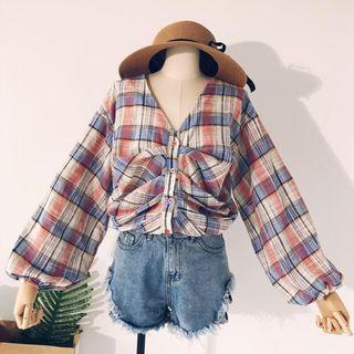 V-neck Plaid Blouse Stripes - Blue & White - One Size