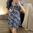 Puff-sleeve Cut-out Print Mini A-line Dress Floral - Blue - One Size