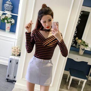 Mesh Panel Striped Long-sleeve Knit Top