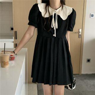 Puff-sleeve Contrast Trim A-line Dress Black - One Size