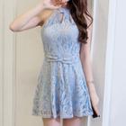A-line Halter Lace Mini Dress