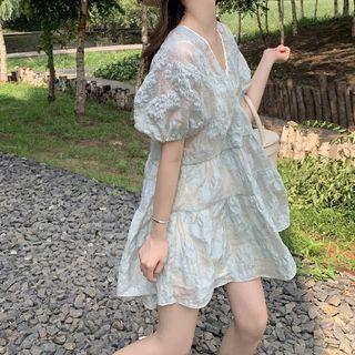 Puff-sleeve Textured Tiered A-line Mini Dress