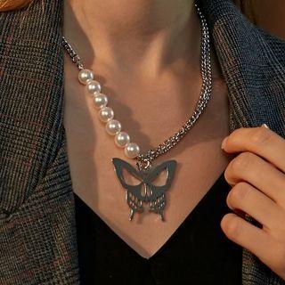 Layered Faux Pearl Butterfly Necklace Dz-227 - Silver - One Size