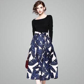 Set: Plain Long Sleeve T-shirt + Leaf Print Midi Skirt