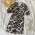 Balloon-sleeve Leopard Print Midi Sheath Dress