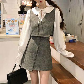 Plain Blouse / Herringbone Crop Vest / Mini A-line Skirt / Set