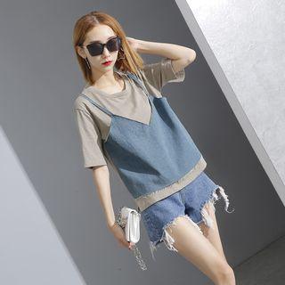Denim-panel Mock Two-piece Top