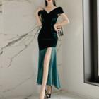 Short-sleeve Paneled Midi Velvet Dress