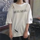 Letter Distressed Elbow-sleeve T-shirt