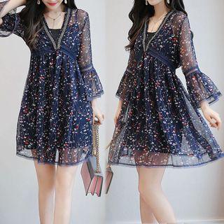 Set: 3/4-sleeve Floral Print Sheer Mini Dress + Mini Slipdress