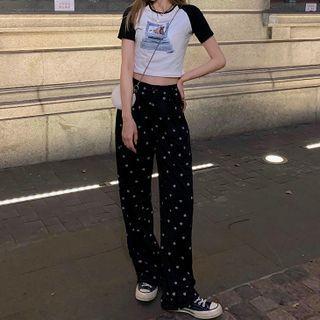 Short-sleeve Raglan T-shirt / Heart Print Wide-leg Pants