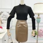 Set: Cutout Top + Faux-leather Pencil Skirt