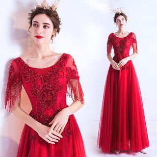 Beaded Short-sleeve A-line Evening Gown