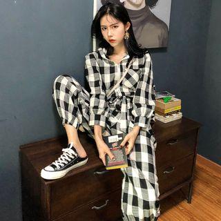 Long-sleeve Gingham Cropped Jumpsuit As Shown In Figure - One Size
