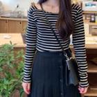 Lettuce-edge Striped Top Black - One Size