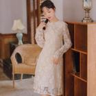 Frilled Trim Lace Long-sleeve Dress
