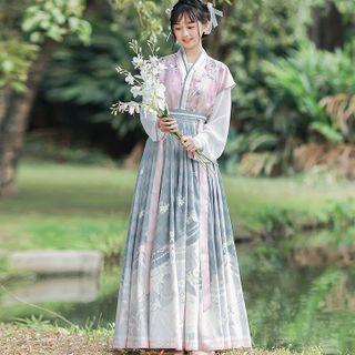 Long-sleeve Hanfu Top / Maxi A-line Skirt / Embroidered Vest