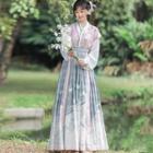 Long-sleeve Hanfu Top / Maxi A-line Skirt / Embroidered Vest