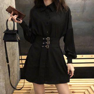 Long-sleeve Buckled Mini A-line Shirt Dress Black - One Size