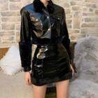 Faux Leather Cropped Button-up Jacket / Mini Skirt
