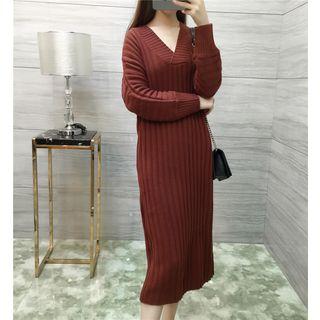 V-neck Plain Rib Knit Midi Dress