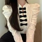 Long-sleeve Bow-accent Eyelet Lace Blouse White - One Size