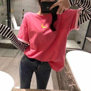 Crescent Print Mock Two-piece T-shirt As Shown In Figure - One Size