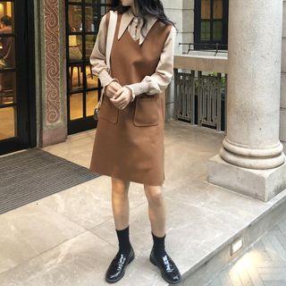Set: Plain Long-sleeve Blouse + Plain Sleeveless Dress