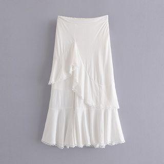 Lace Trim Ruffle Panel Midi A-line Skirt