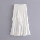 Lace Trim Ruffle Panel Midi A-line Skirt