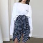 Long-sleeve Letter T-shirt / Plaid A-line Mini Skirt / Set