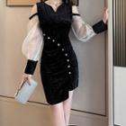 Cold-shoulder Velvet V-neck Asymmetrical Hem Mini Dress