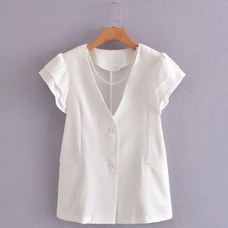 Ruffle-sleeve V-neck Blazer With Pearl Chain