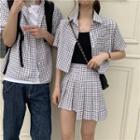 Couple Matching Short-sleeve Checker Shirt / A-line Mini Pleated Skirt