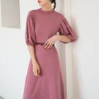 Elbow-sleeve Knit A-line Midi Dress