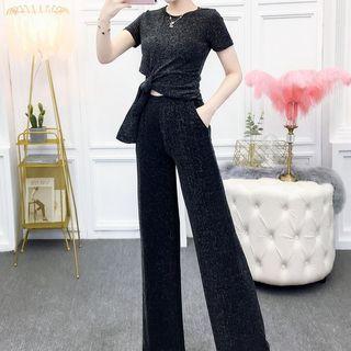 Set: Short-sleeve Side-tie Top + Wide-leg Pants