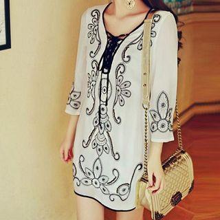 3/4-sleeve Tie-neck Embroidered Tunic