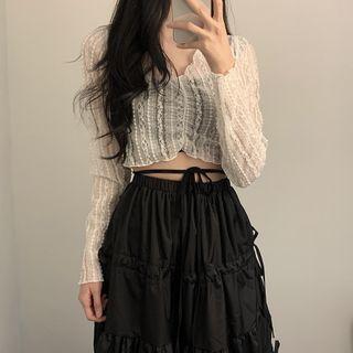 V-neck Sheer Cropped Long-sleeve Top / Lace-up Cropped Camisole / Drawstring A-line Skirt