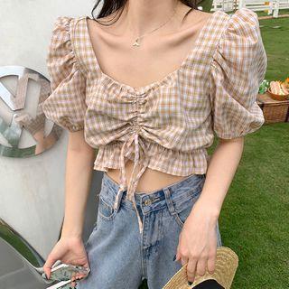 Gingham Drawstring Short-sleeve Blouse
