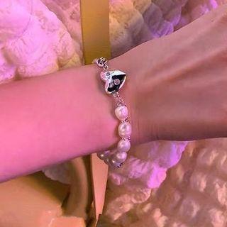 Heart Faux Pearl Stainless Steel Bracelet 1 Pc - Silver - One Size