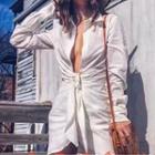 Plain Long Sleeve Tie-front Mini Shirt Dress