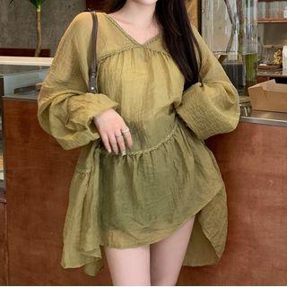 Long-sleeve V-neck Lace Panel Oversized Mini Shift Dress
