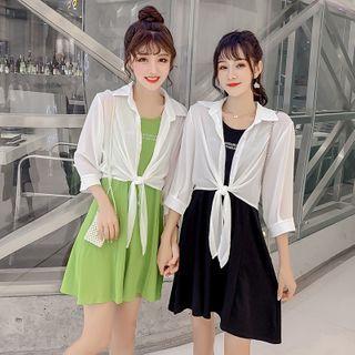 Lettering Strappy A-line Dress / Light Jacket / Set