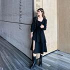 Lace Up Long-sleeve Midi A-line Dress Black - One Size