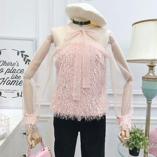 Patchwork Tie-neckline Furry Top