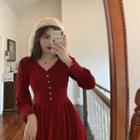 Long-sleeve V-neck Faux Pearl Midi A-line Dress Wine Red - One Size